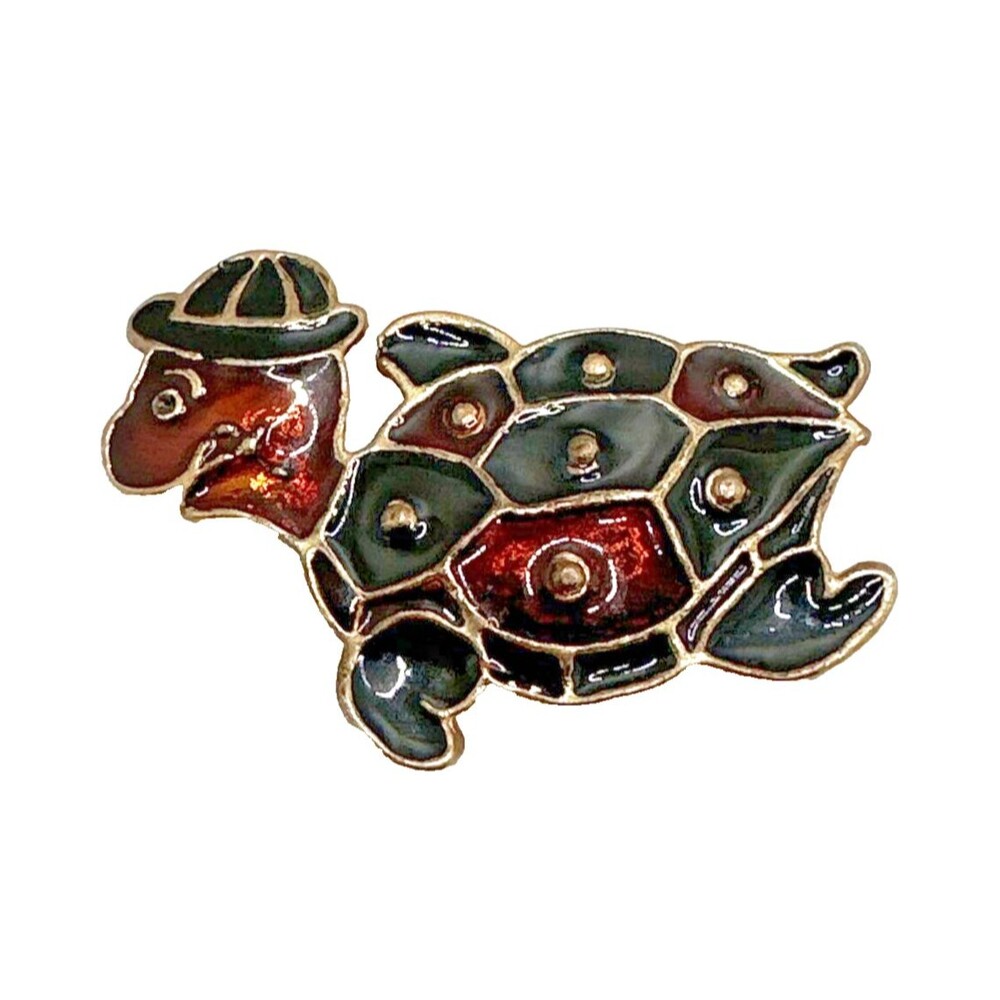 Vintage Turtle Brooch Red Black Brown Enamel in Gold Tone Figural Pin 1 7/8"